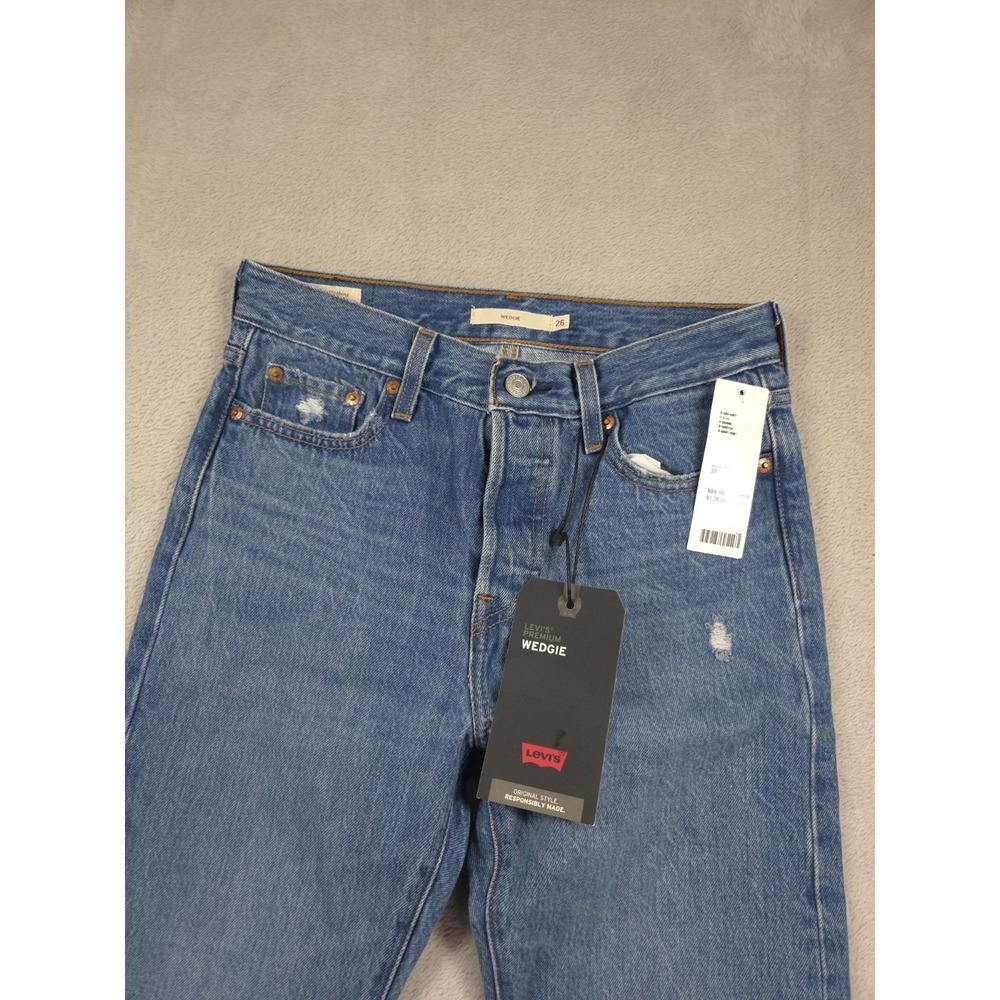 New‎ Levis Wedgie Straight Jeans Womens 26 Blue Denim Distressed - Picture 3 of 8
